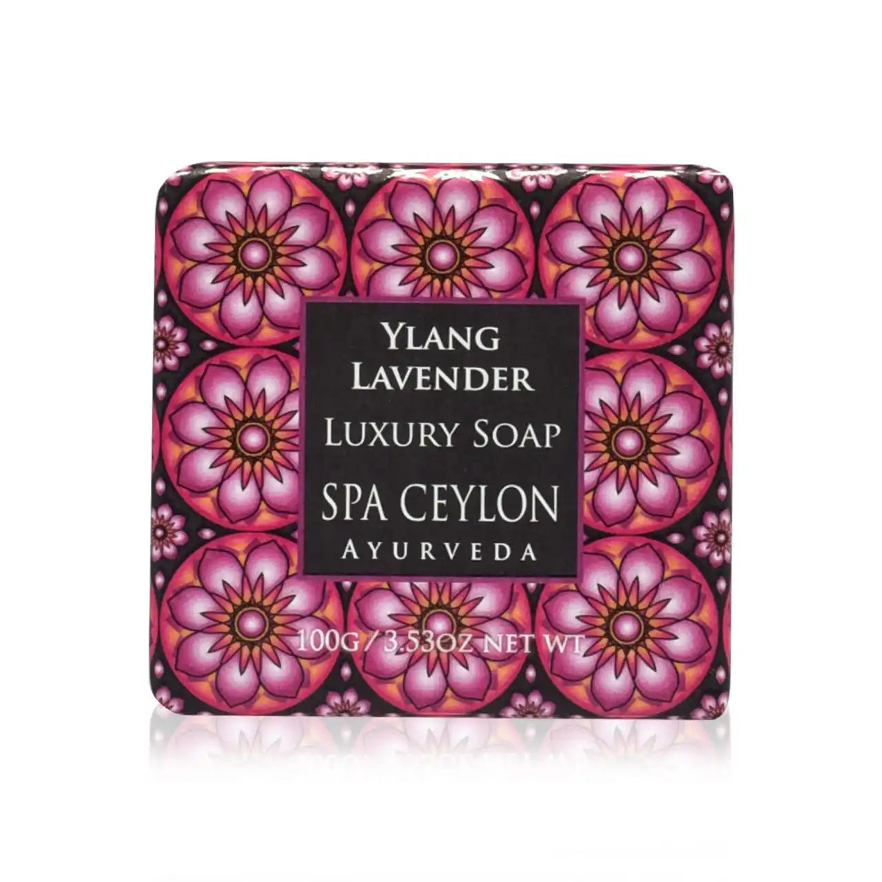 Ylang lavender luxury soap bar in decorative pink floral packaging, 100g.