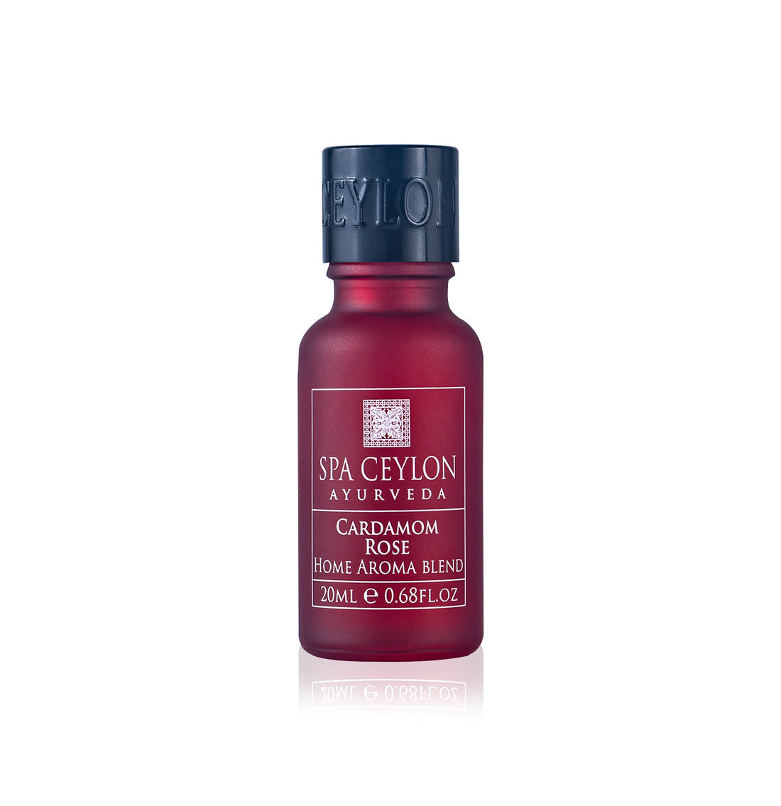 Red glass bottle of Cardamom Rose home aroma blend, 20ml, for aromatherapy.