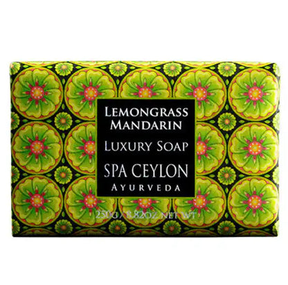 Lemongrass mandarin luxury soap bar with green floral pattern packaging, ayurvedic skincare