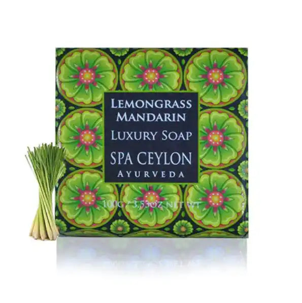 Lemongrass Mandarin luxury Ayurvedic soap with decorative green floral box and lemongrass stalks