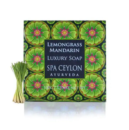Lemongrass Mandarin luxury Ayurvedic soap with decorative green floral box and lemongrass stalks