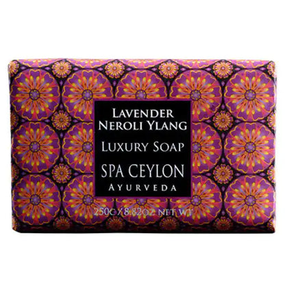 Lavender Neroli Ylang luxury soap bar with purple floral packaging and decorative pattern