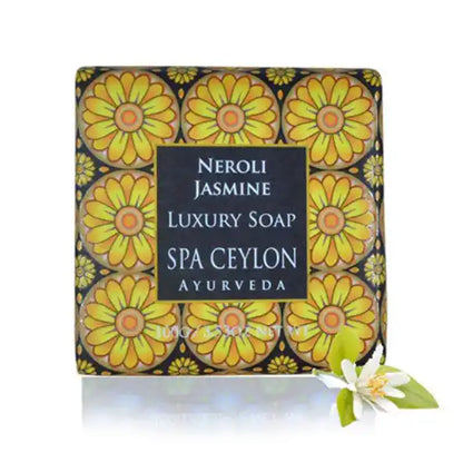 Neroli Jasmine luxury soap with floral packaging and white jasmine flower accent