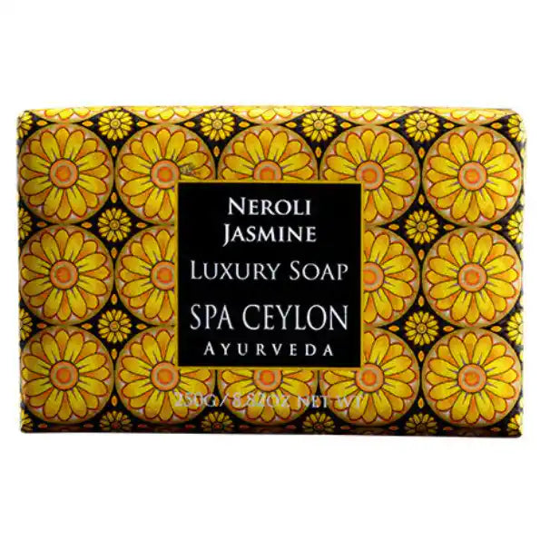 Neroli jasmine luxury soap bar in yellow floral packaging, Ayurveda inspired.