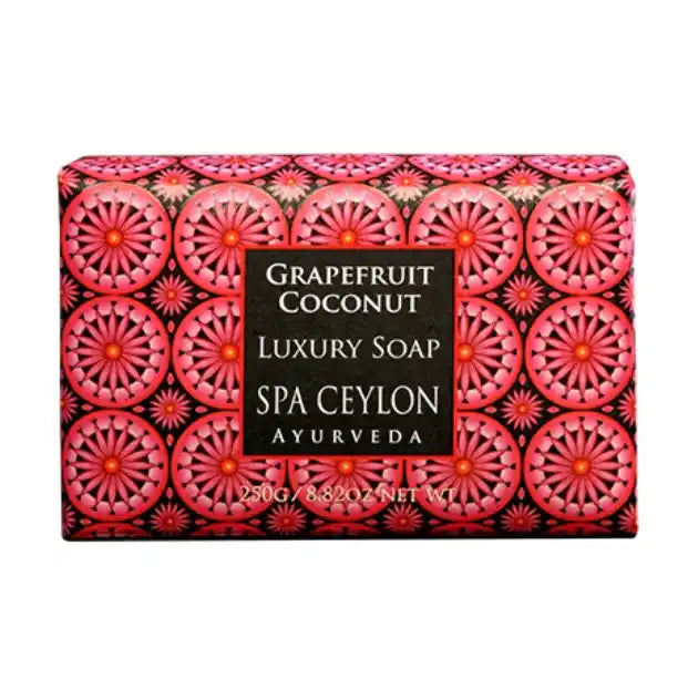 Grapefruit coconut luxury soap bar with pink circular patterned packaging, 250g size.