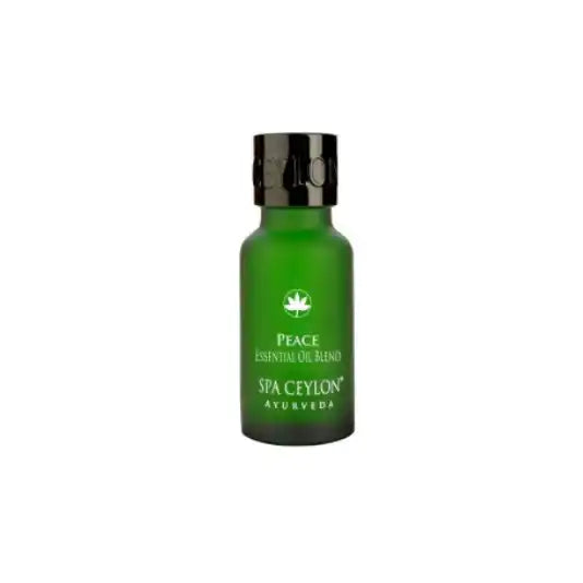 Green glass bottle of Peace essential oil blend with black cap and white Ayurveda label