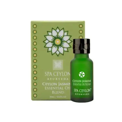 Green glass bottle of Ceylon Jasmine essential oil blend with matching decorative box.