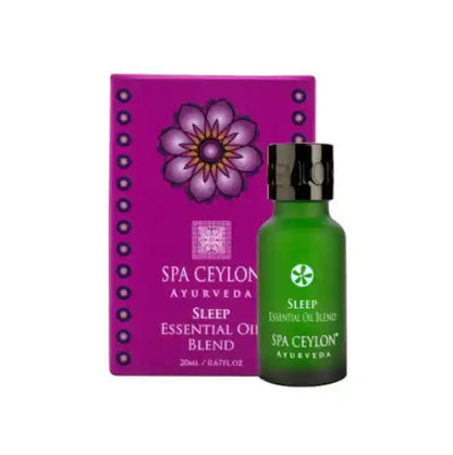 Sleep essential oil blend bottle with purple floral box, Ayurvedic aromatherapy wellness product
