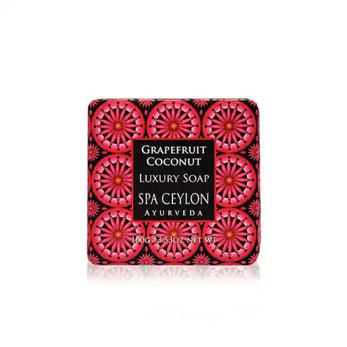 Grapefruit coconut luxury soap bar with pink patterned packaging, 100g, front view.