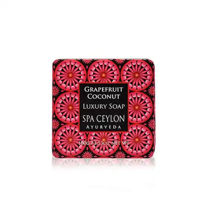 Grapefruit coconut luxury soap bar with pink patterned packaging, 100g, front view.