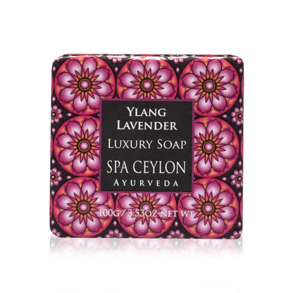 Ylang lavender luxury soap bar in decorative pink floral packaging, 100g.
