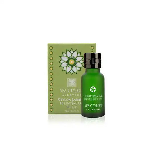 Green bottle of Ceylon Jasmine essential oil blend with matching box, 20ml size, floral design