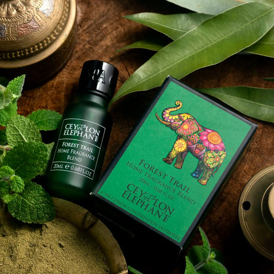 Forest Trail home fragrance blend 20ml bottle and box with colorful elephant, surrounded by fresh leaves and herbs.