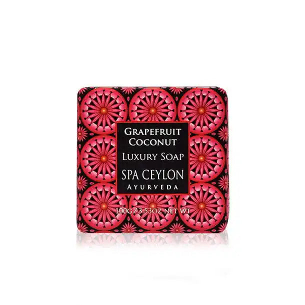 Grapefruit Coconut luxury soap bar with pink floral pattern and black decorative corners