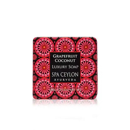 Grapefruit Coconut luxury soap bar with pink floral pattern and black decorative corners