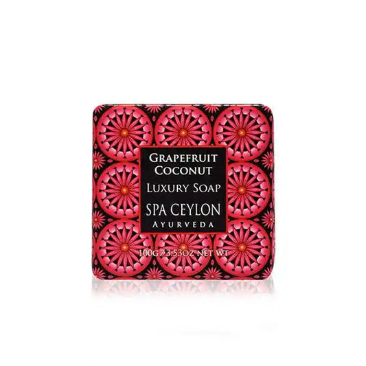 Grapefruit Coconut luxury soap bar with pink floral pattern and black decorative corners