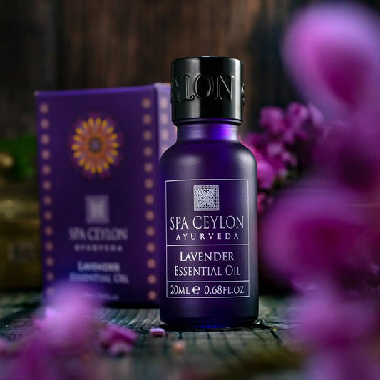 Lavender essential oil 20ml bottle with purple box and lavender flowers on rustic wood