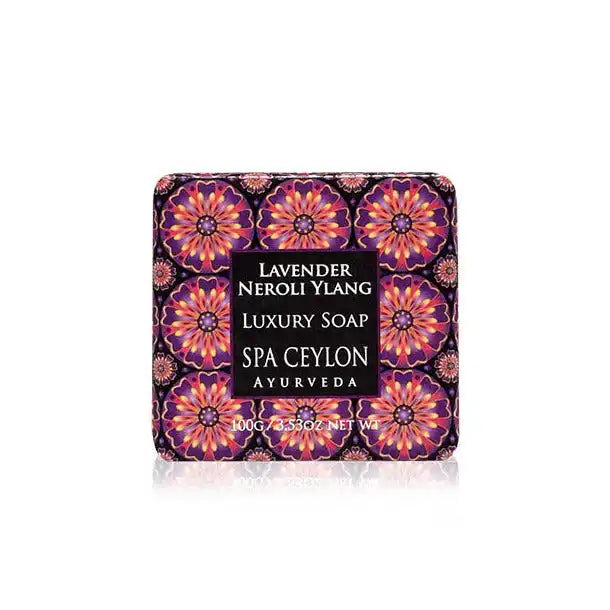 Lavender Neroli Ylang luxury soap bar with floral patterned packaging, 100g size.