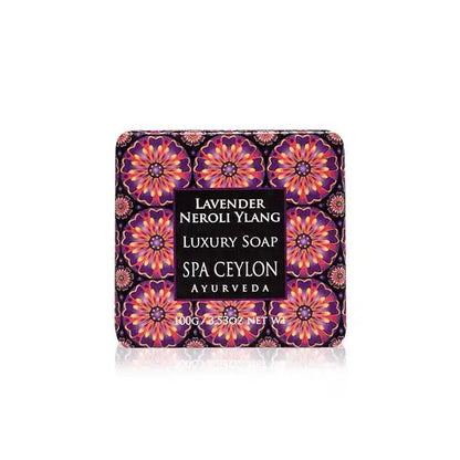 Lavender Neroli Ylang luxury soap bar with floral patterned packaging, 100g size.