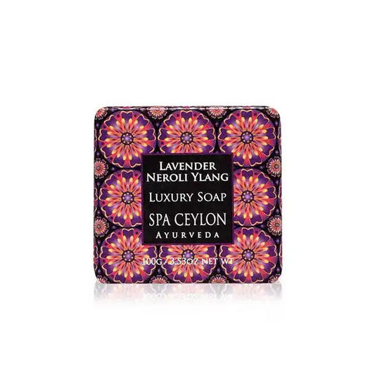 Lavender Neroli Ylang luxury soap bar with floral patterned packaging, 100g size.