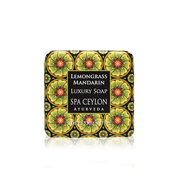 Lemongrass Mandarin luxury soap bar in decorative yellow and floral packaging, 100g