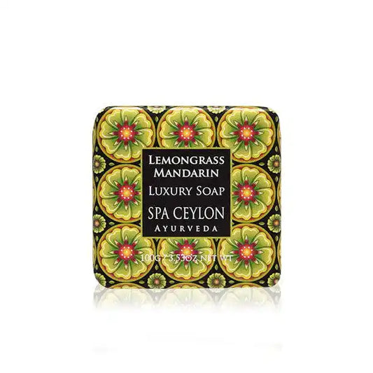 Lemongrass Mandarin luxury soap bar in decorative yellow and floral packaging, 100g