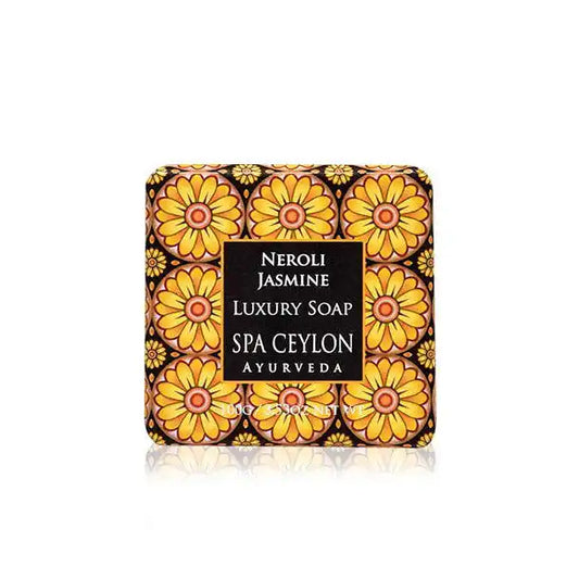 Neroli Jasmine luxury soap bar with floral patterned packaging, yellow and grey accents.