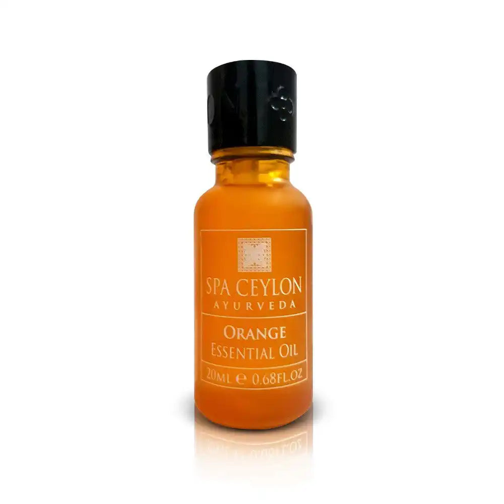 Orange essential oil 20ml amber glass bottle with black cap, product label visible