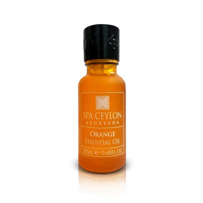 Orange essential oil 20ml amber glass bottle with black cap, product label visible