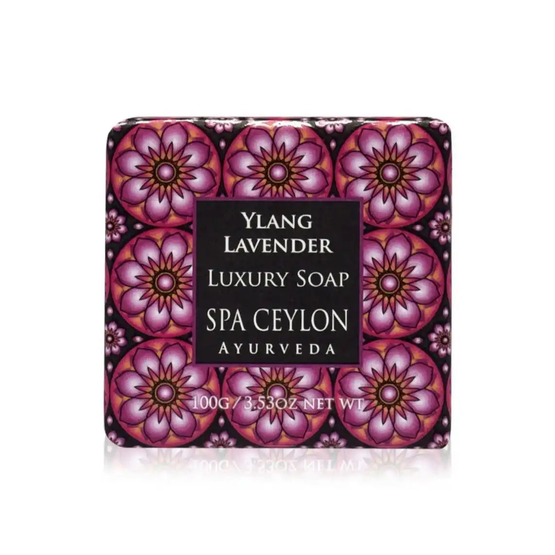 Ylang lavender luxury soap bar in floral black and purple packaging, 100g, on white background