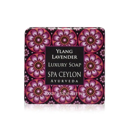 Ylang lavender luxury soap bar in floral black and purple packaging, 100g, on white background