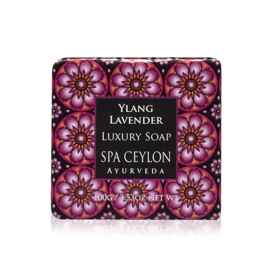 Ylang lavender luxury soap bar in floral black and purple packaging, 100g, on white background