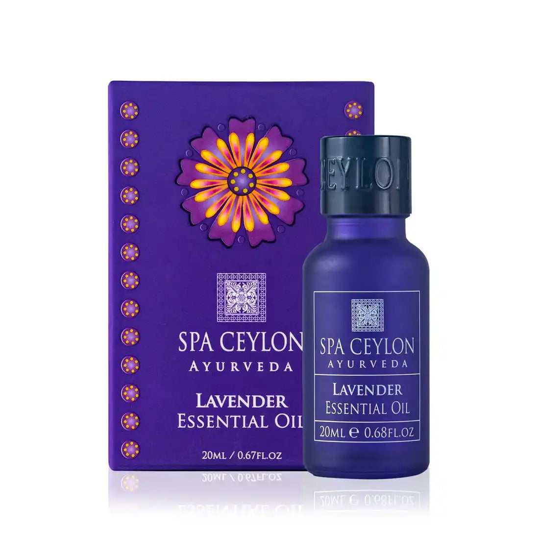 Lavender essential oil 20ml bottle and box with purple floral design, aromatherapy product