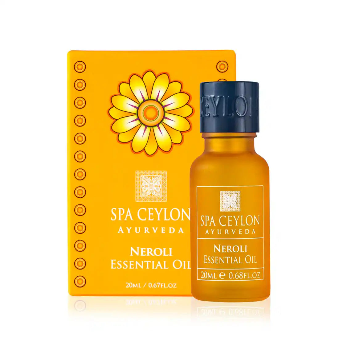Neroli essential oil 20ml bottle with matching orange box and flower design, Ayurveda product